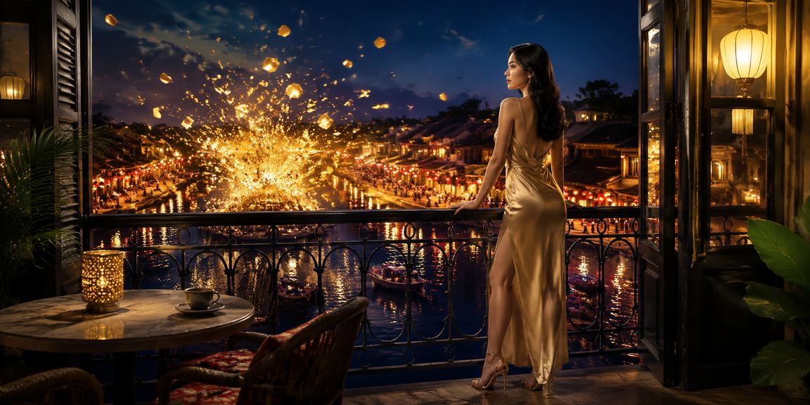 Thành viên VIP nha thư giãn tại Hội An với điện thoại và ly cà phê